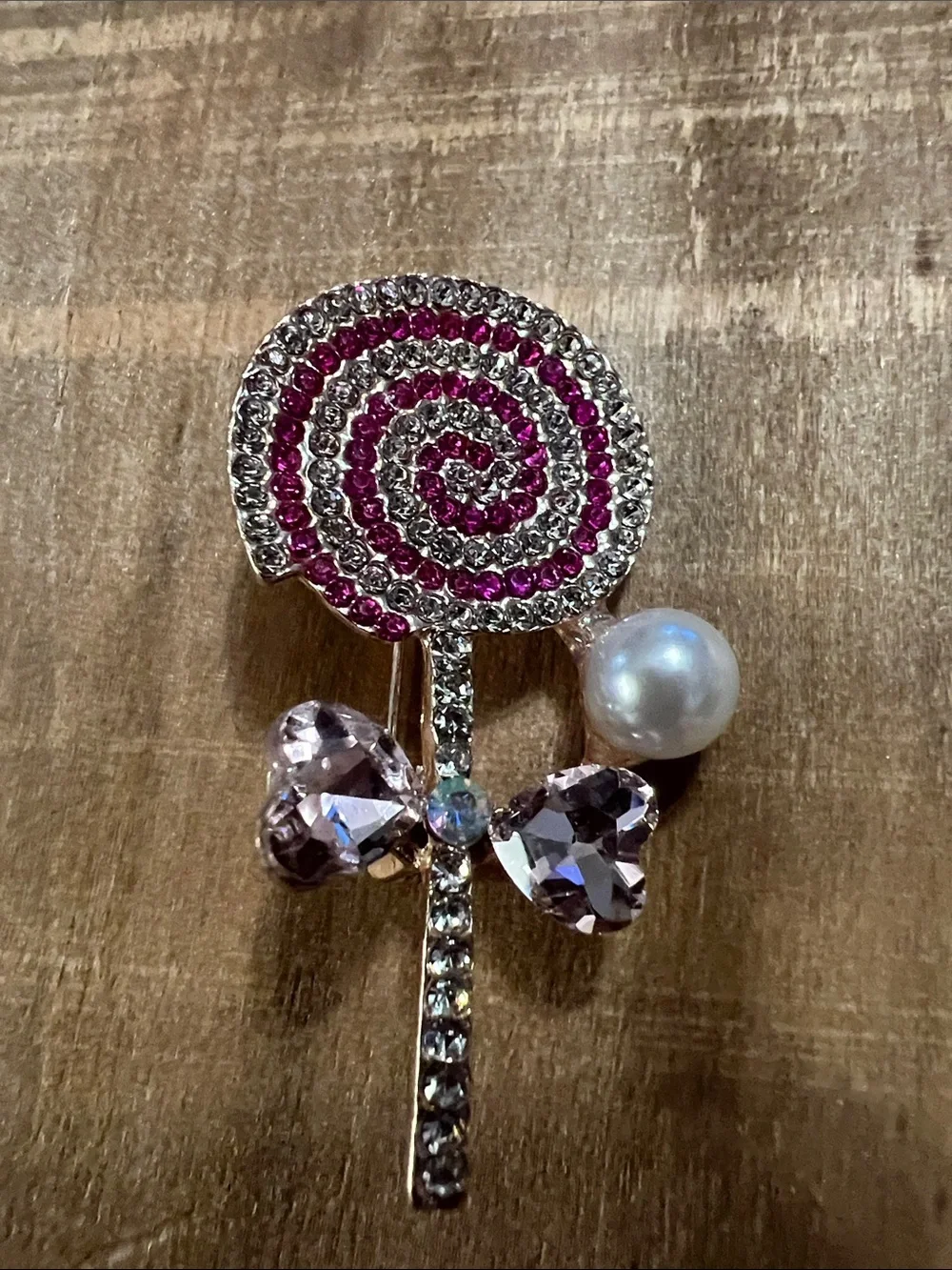 3/$18 Crystal Lollipop Brooch Pin with Pink Accents and Pearl Lot 6063